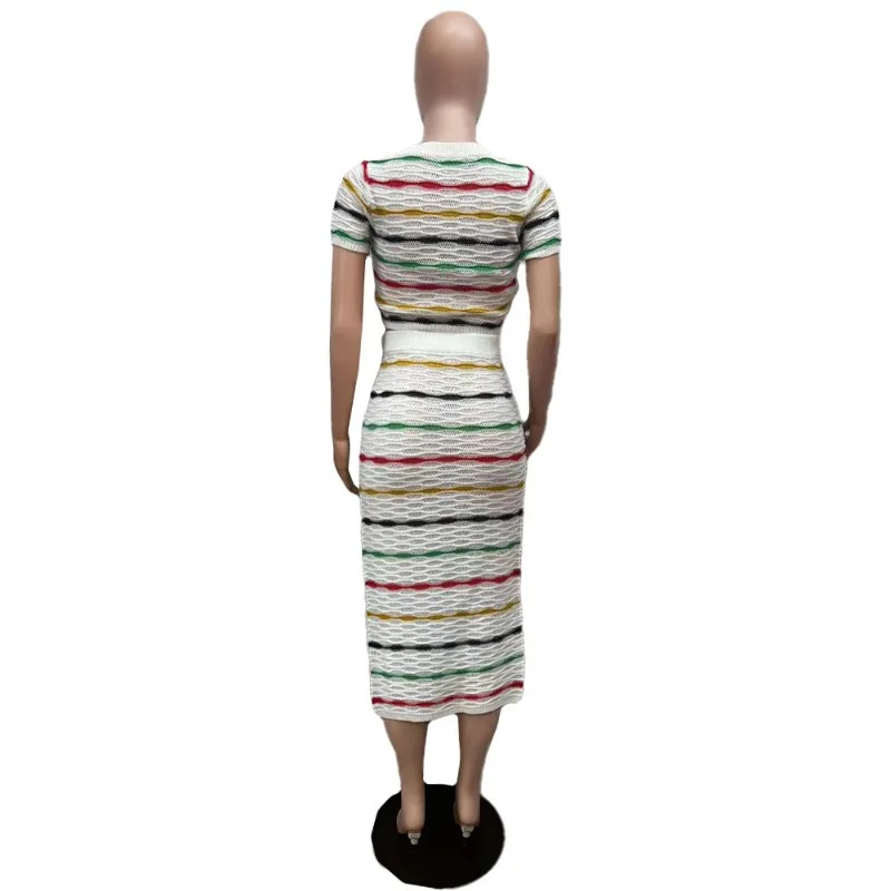 Striped Knitted Women 2 Piece Set Short Sleeve Crop Top Side Slit Maxi Hip Skirts Matching Set 2023 Fall Streetwear Tracksuits