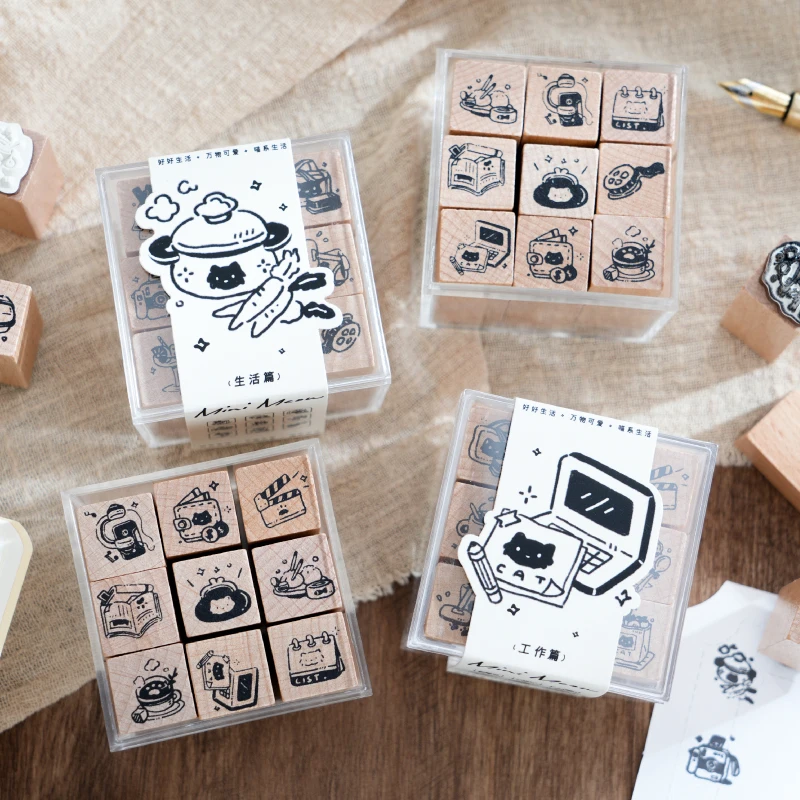 Journal GO 9pcs/set Cute Little Cat Decoration Stamp Retro Wooden Rubber Stamps Scrapbooking Collage Junk Journal Card diy wooden stamps decorative stamps