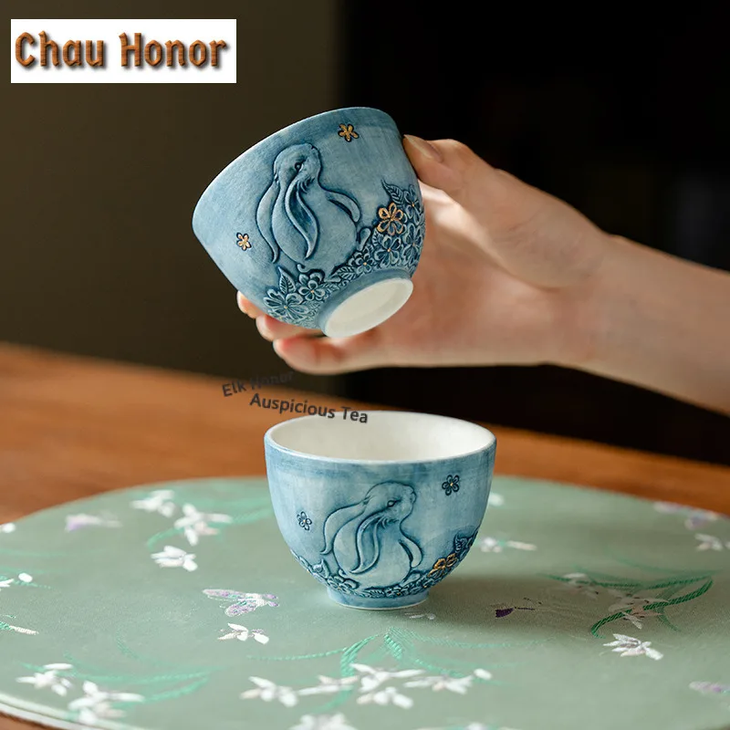 140ml Relief Golden Osmanthus Moon Rabbit Teacup Ancient Tea Bowl Set of Cups Tea-tasting Personal Cup Chazhan Master Cups