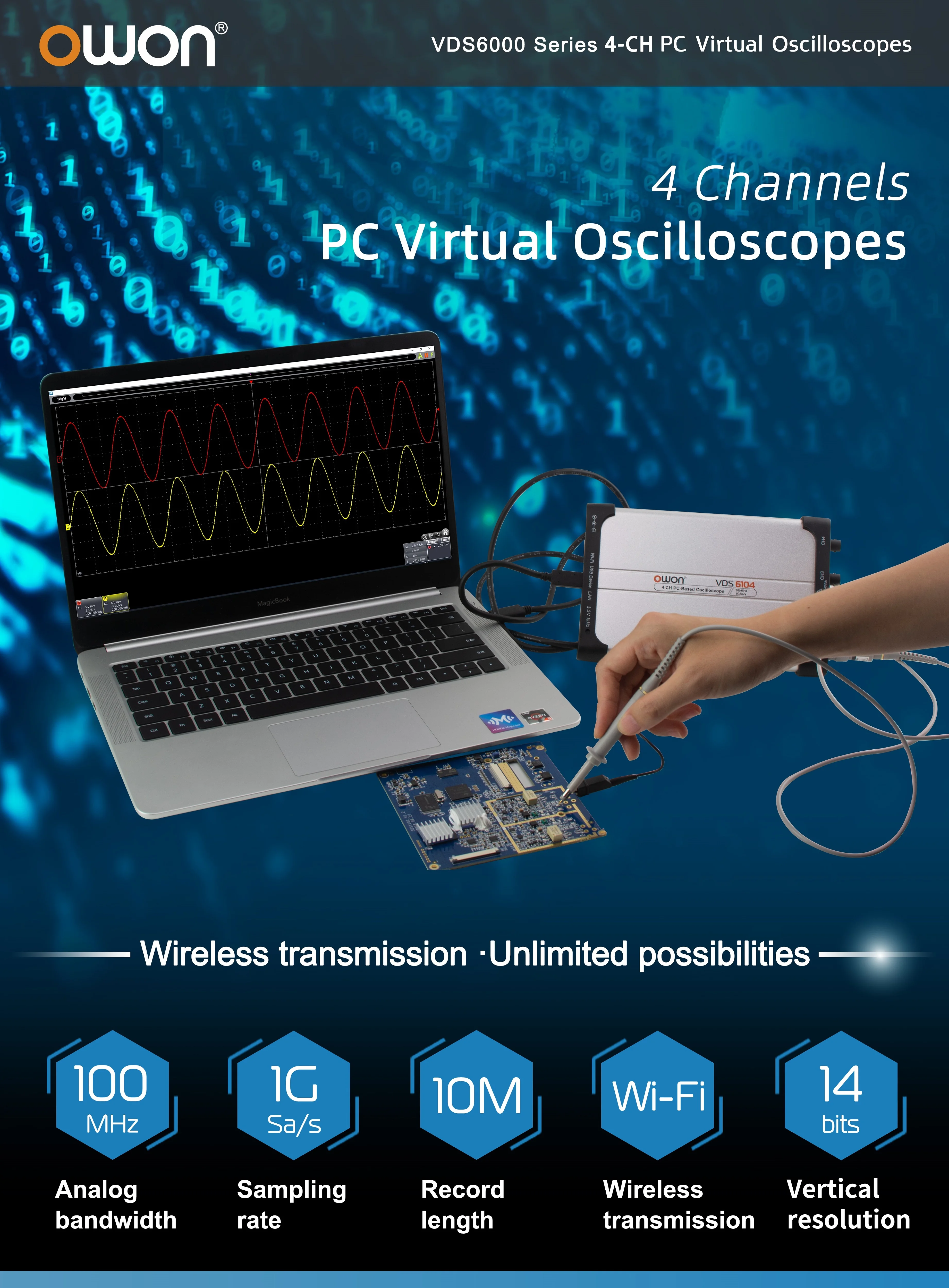 VDS6074A VDS6104A 14Bits Virtual PC Digital Oscilloscope 1Gsa/S 100Mhz Bandwidth