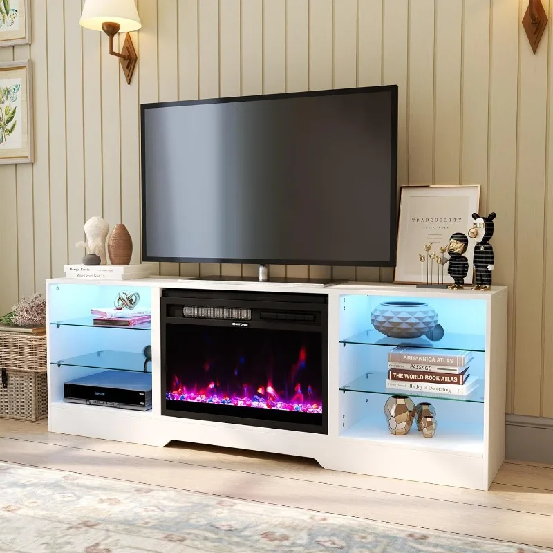 Fireplace TV Stand, LED Light Entertainment Center, Modern Wood Texture Entertainment Electric Fireplace