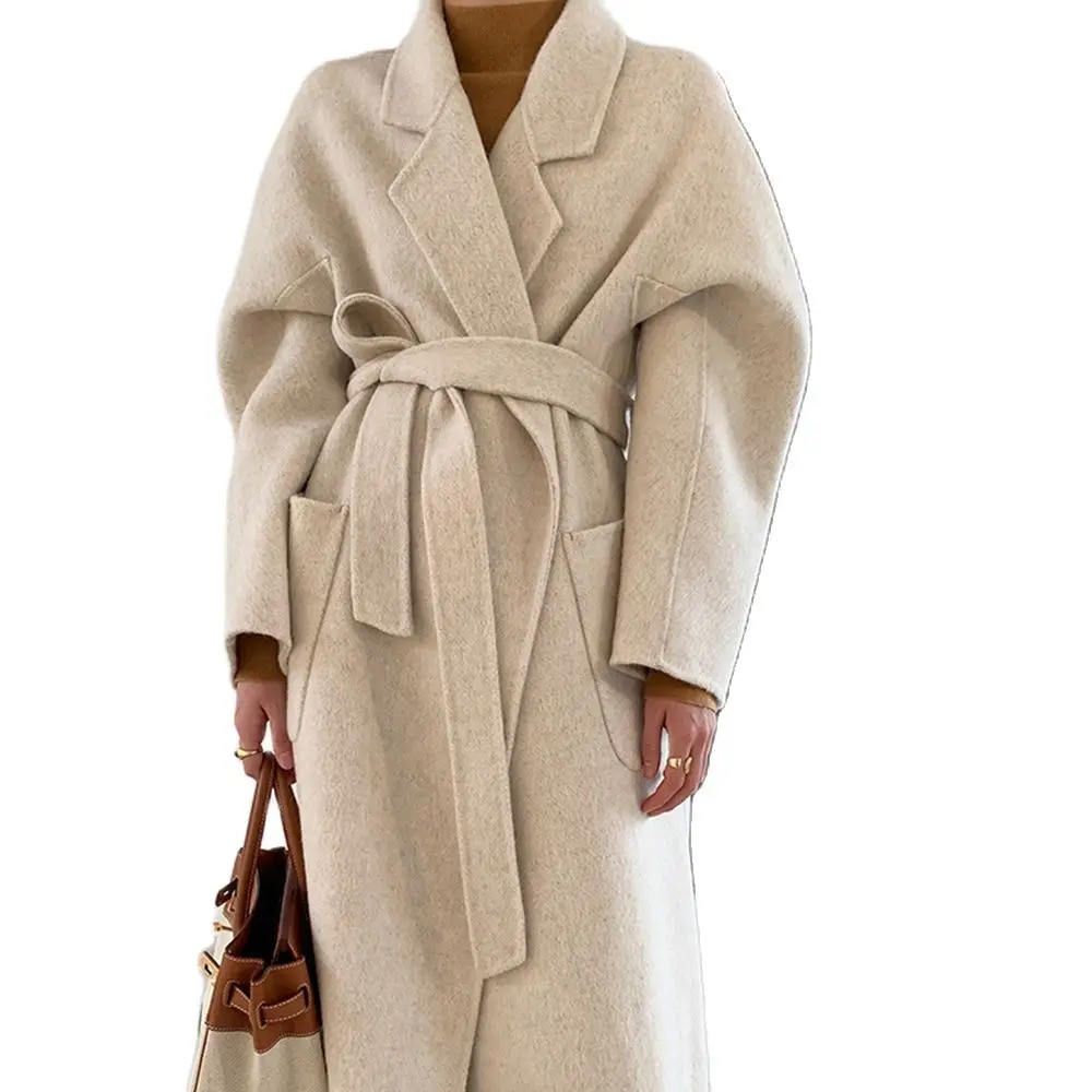 

120cm Length Alpaca Cashmere Woolen Long Coat Women Fashion Loose Oversize Autumn Winter New Lace-up Belt Warm Cloak Big Pockets
