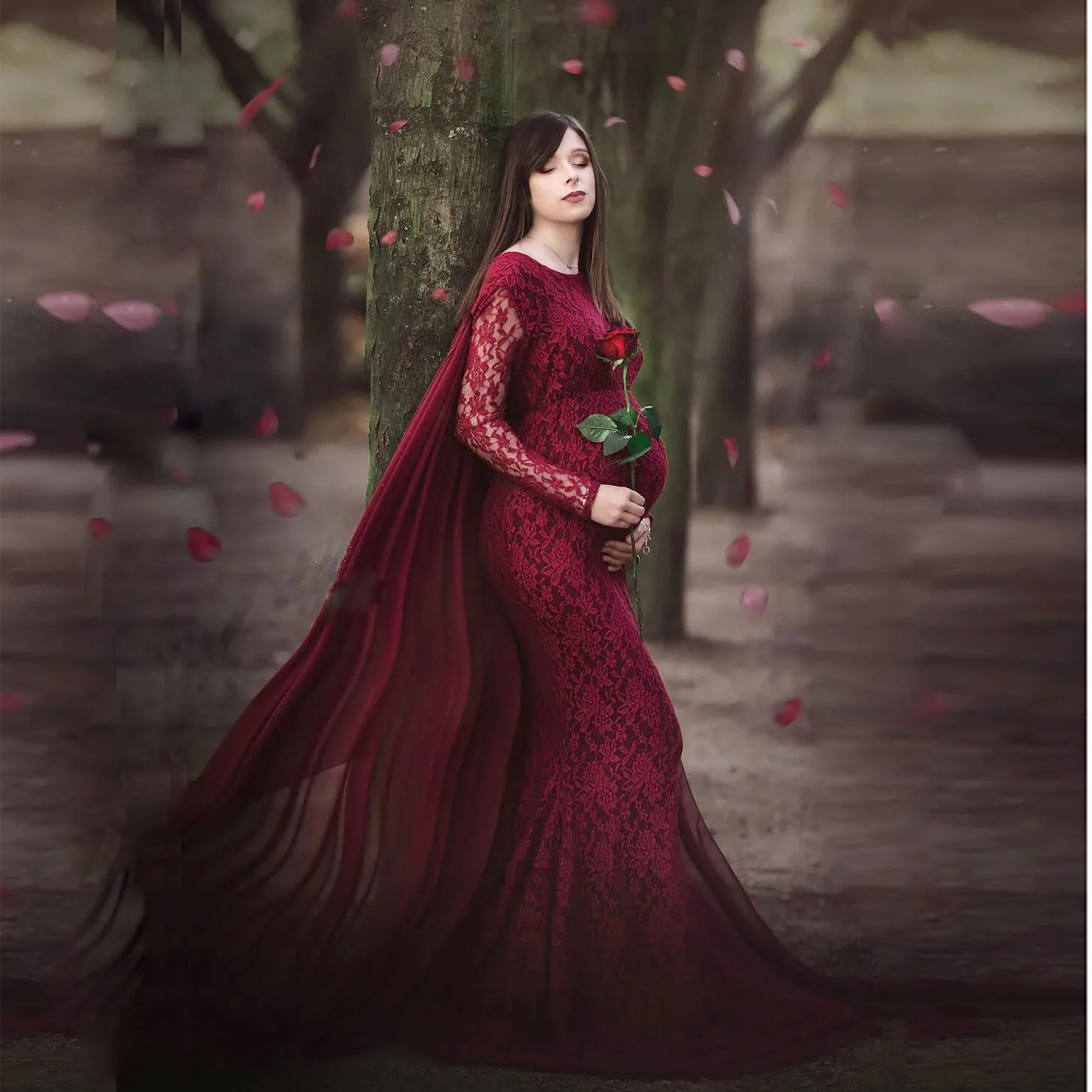 Long Tail Lace Maternity Dresses for Photo Shoot Sexy Pregnancy Dress Maxi Gown Long Pregnant Women Photography Prop 2023
