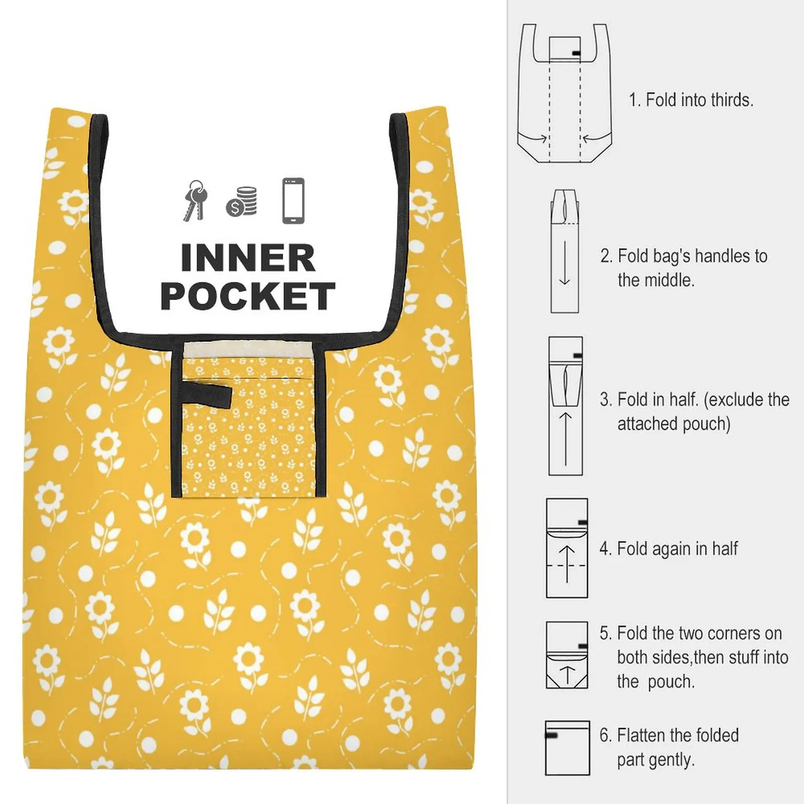 Foldable Shopping Bag Supermarket Shopping Bags Yellow Flower Print Clothing Shoes Packaging Cloth Bags Customizable Printing