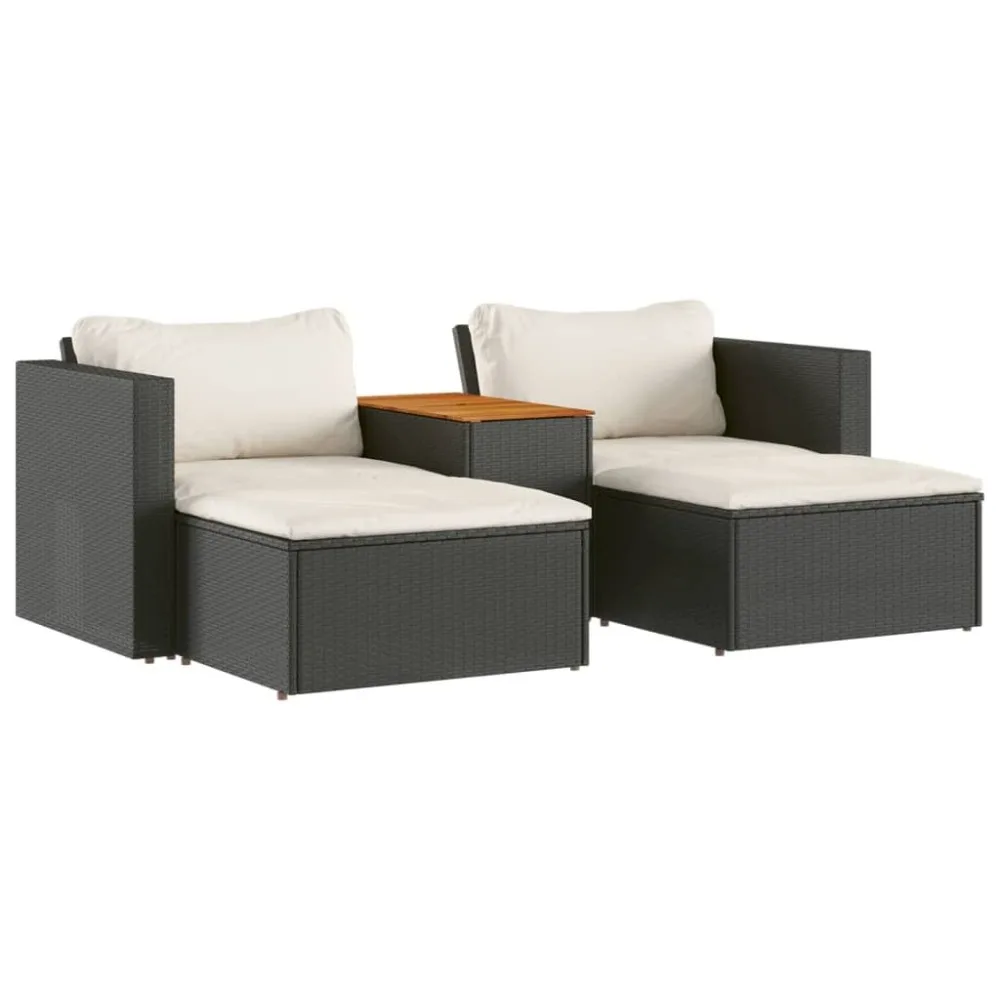 5 Piece Patio Sofa Set with Cushions Black Poly Rattan Acacia,PE Rattan, Powder-coated Steel, Garden Sofa Set 2
