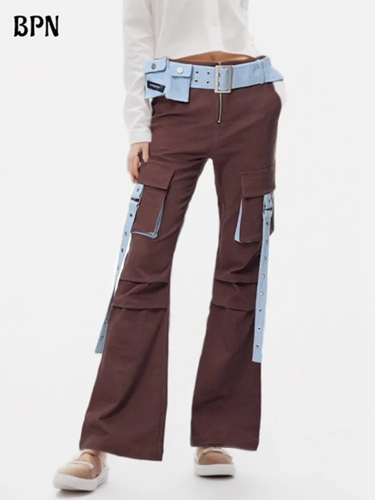 

BPN Hit Color Patchwork Pockets Cargo Flare Jeans For Women High Waist Spliced Belts Streetwear Denim Pants Female Clothing New