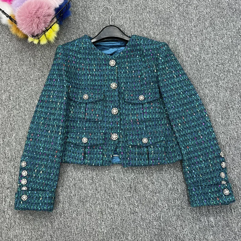 JANEFUR Women Tweed Short Coat 2024  Spring Elegant O Neck Cropped Jacket Female Luxury Korean Fashion Outwear