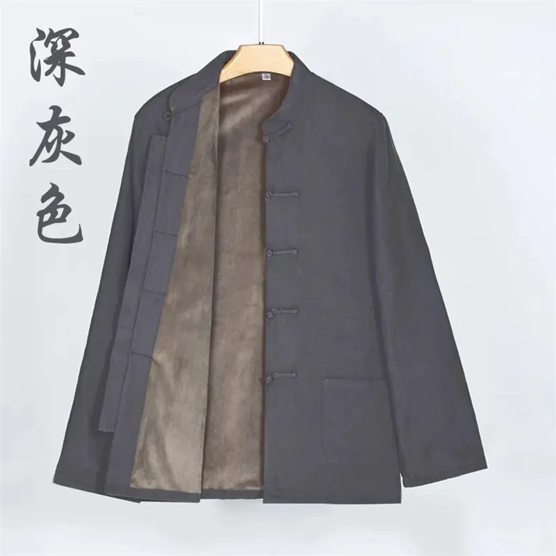 Tang Suit Men Coat Autumn Winter Hanfu Pocket Stand Collar Jacket Disc Buckle Solid Outerwear Chinese Clothes
