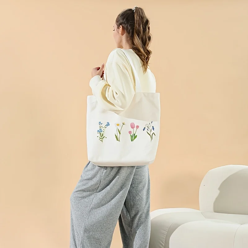 Cute Flower Print Tote Bag, Large Capacity Shoulder Bag, Women's Casual Handbag & Shopping Gift Bag