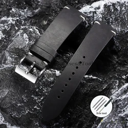Vintage Brown Oil Wax Leather Watchband - Soft Handmade Cowhide Strap with Elegant Stitching - 22mm (Black)