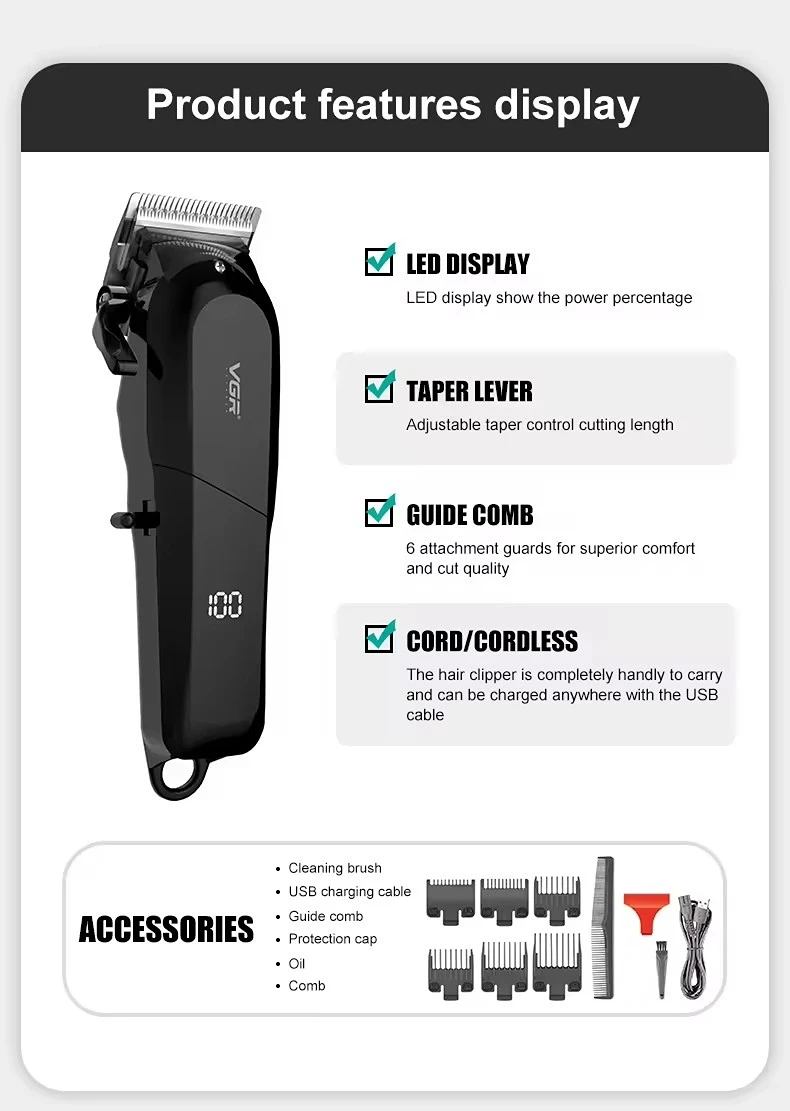 Description Picture 4 of itemVGR Hair Trimmer Professional Electric LED Display Hair Cutting Machine Cordless Rechargeable Barber Hair Trimmer for Men V-118