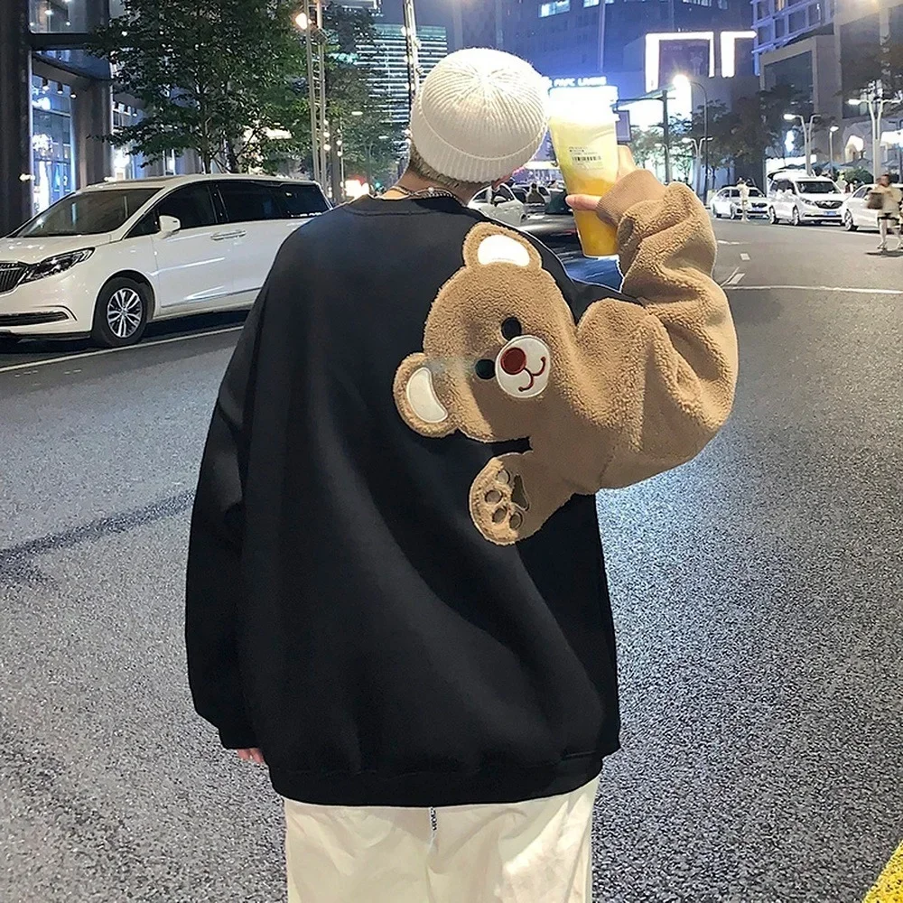 New Cute Harajuku Shirt Design Bear Pattern Street Clothing Men's Long Sleeve Shirt Casual Sports Shirt Men's Top Couple Style