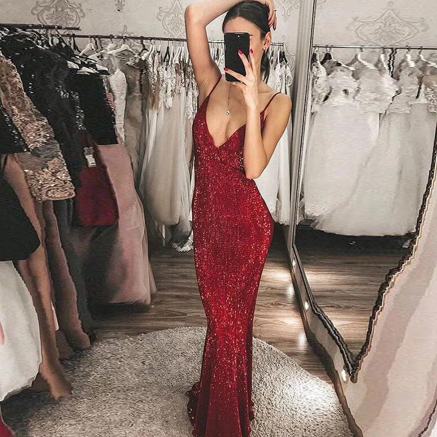 

Burgundy Sequins Colum Evening Dresses Spaghetti Straps Sexy Backless Sparkly Wine Red Women Formal Night Party Gowns Maxi 2022