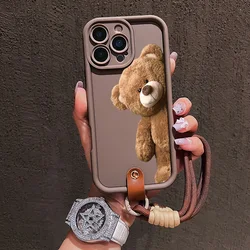 Adorable Brown Bear Pattern Phone Case with Hand Strap Rope - Soft Cover - iPhone 15 Pro Max (2)