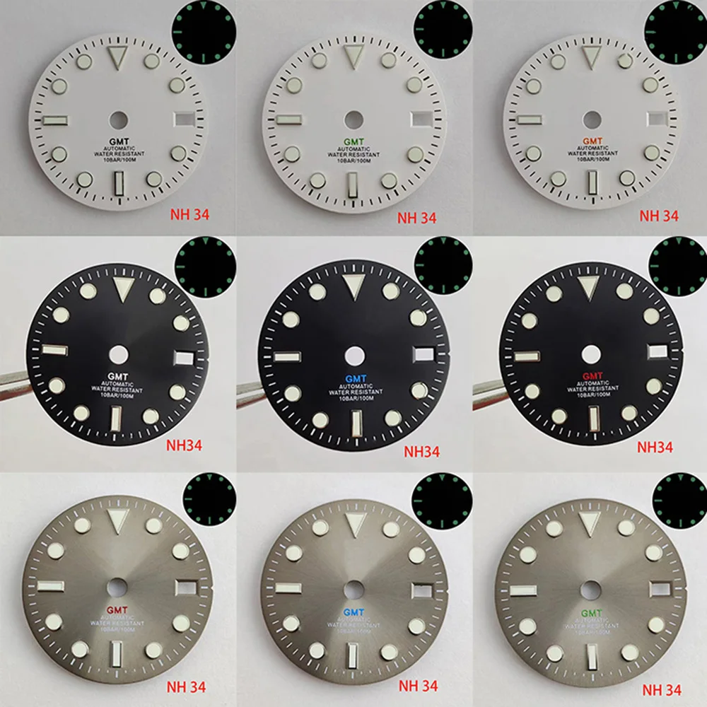 29mm NH34 dial GMT Four Hands Green Luminous Watch Dial for NH34