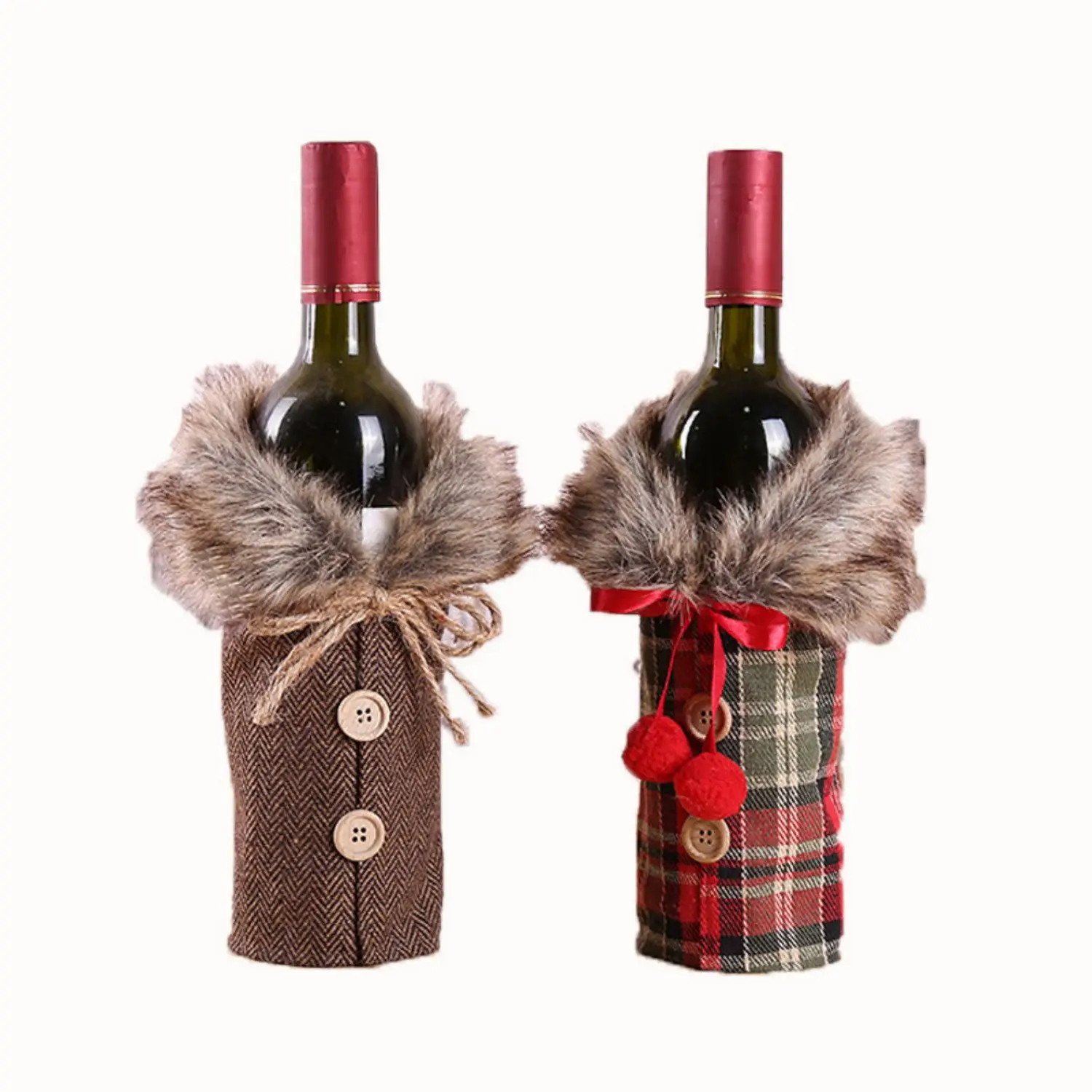 Description Picture 3 of itemChristmas Decoration Wine Set Holiday Decoration Props Bow Hemp Wool Collar Red Wine Bottle Set 2pcs