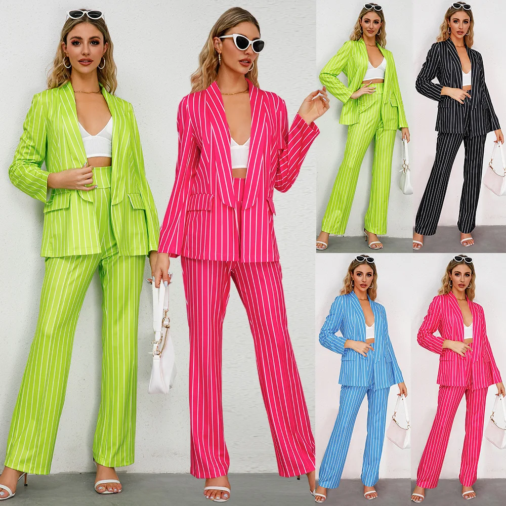 Long Sleeve Striped Suit for Ladies, Two-Piece Sets, Small Jacket, Straight Leg Trousers, Fashion, Elegant, New, Autumn, Winter 2 piece khaki pantsuits formal ladies office ol uniform designs women business work jacket with trousers sets custom made