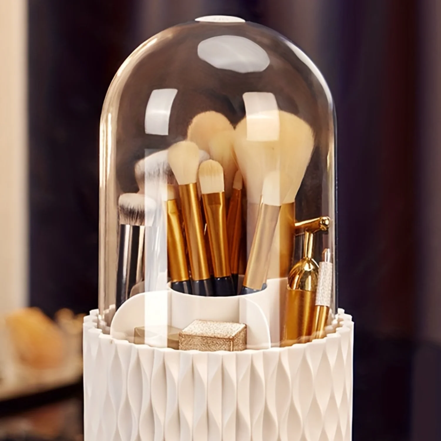 360 Degree Rotating Makeup Brush Holder with Clear Acrylic Cover - Cosmetics Organizer for Vanity and Bathroom 6