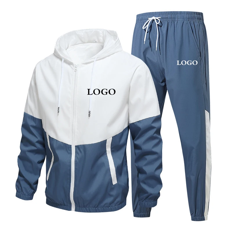 Custom Logo Men Tracksuit Patchwork Zipper Cardigan + Sweatpants 2 Pieces Set Spring Autumn Fashion Streetwear Male Jogging Suit