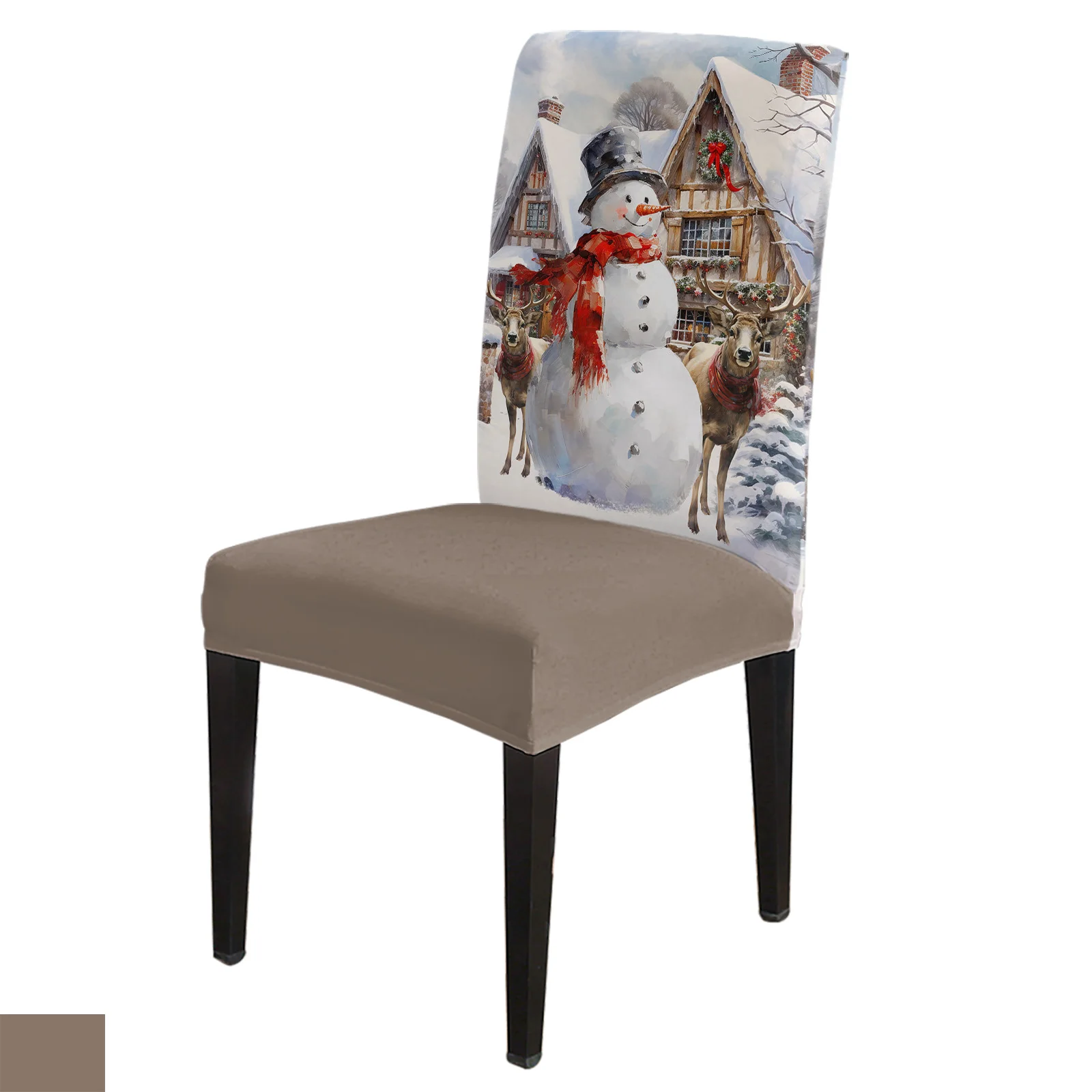 

Christmas Snowman Elk Vintage Farm Chair Cover Spandex Elastic Dining Chair Slipcover Wedding Festival Stretchy Seat Cover