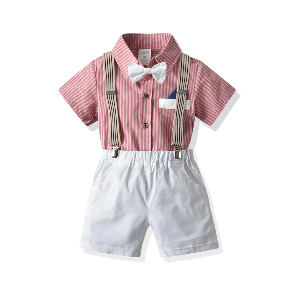 

Boys' Striped Cotton Short-Sleeved Shirt Suspender Shorts Gentleman Suit Children Toddler Treasure Banquet Performance Dress