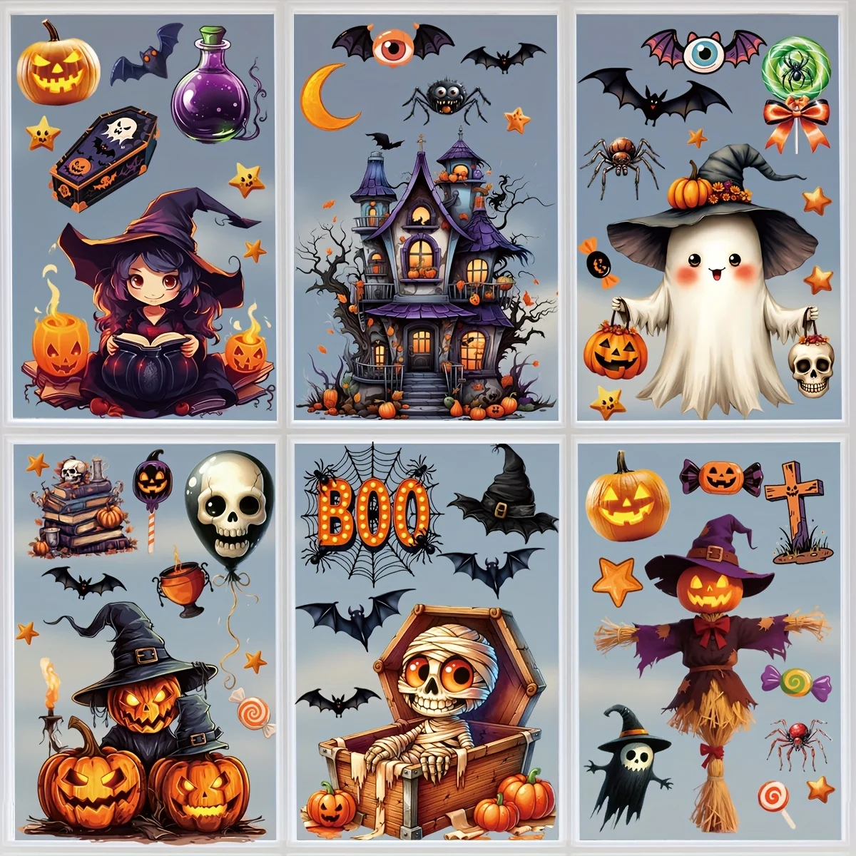 3D-Halloween-Fensteraufkleber-Set – statisch haftende Halloween-Aufkleber aus PVC mit Schloss, Fledermäusen, Hexe und Kürbissen – wiederverwendbares doppelseitiges Glas – Detail 8