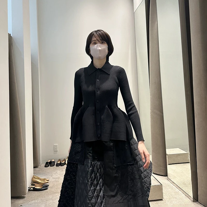 Description Picture 6 of itemFrench Style Knitted Sweater Cardigan Blouse Shirt Spring Autumn Ribbed Knit Collar Pleated Skirt Hem Ladies Women Casual Tops