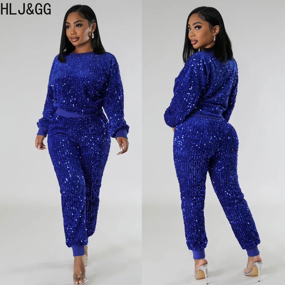 HLJ&GG Sequin Fashion Two Piece Sets Women Round Neck Long Sleeve Pullover And Jogger Pants Tracksuits Female Party Club Outfits diamond shaped sequin acrylic vest skirts sets female sexy body chain backless nightclub corset vest party fashion collocation