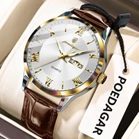 POEDAGAR Original Luxury Wristwatch For Men Waterproof Luminous Date Week Leather Man Watch Simple Business Quartz Men's Watches