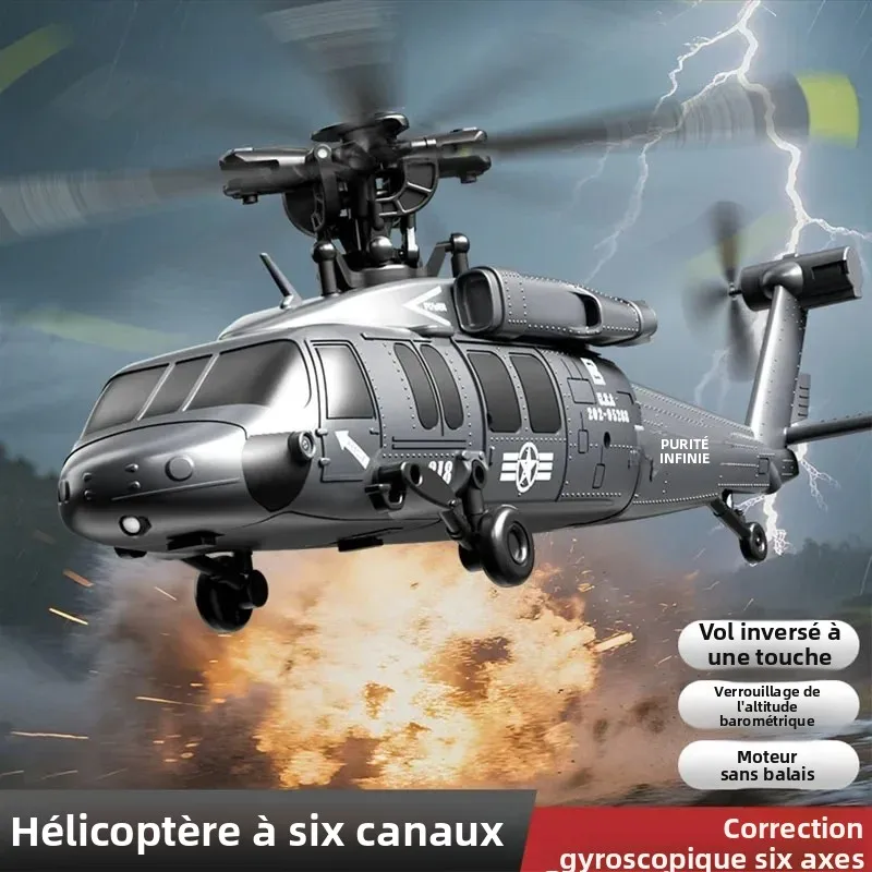 Avion RC brushless RTF vert en vol dans le ciel bleu, maniable et stable pour débutants.