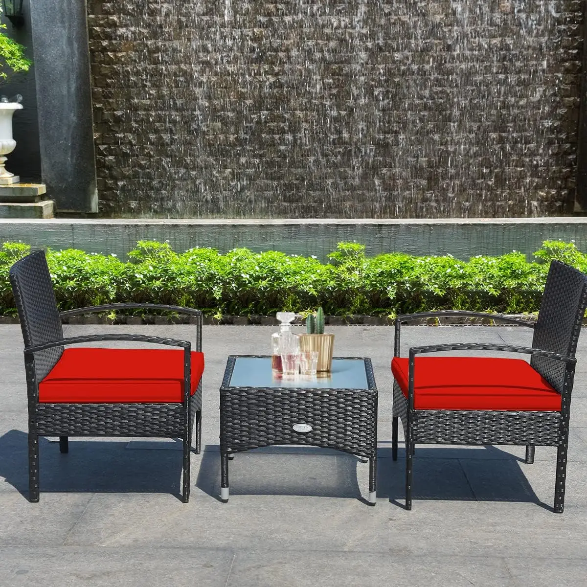 3 Pieces Patio Furniture Set Outdoor Conversation Set Rattan Wicker Bistro Set with Glass Coffee Table & Soft Cushions