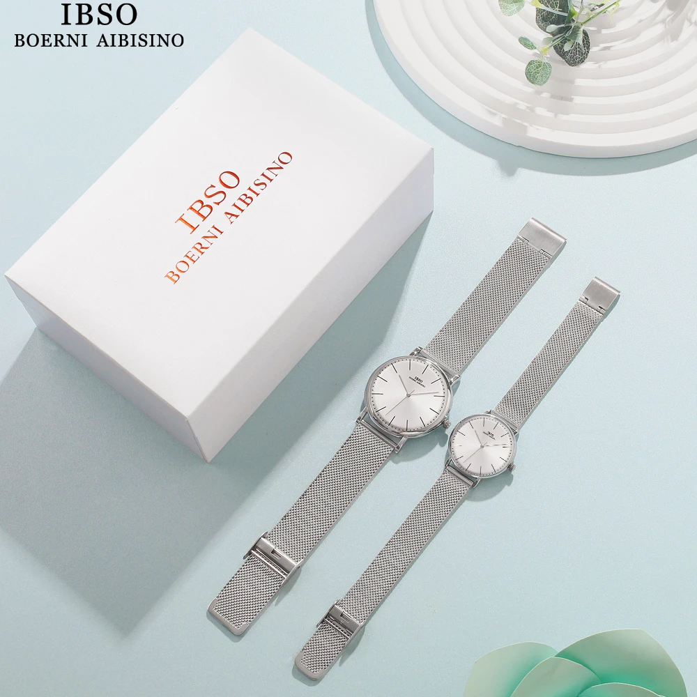 IBSO New 2022 Women Couple Watch Set Luminous Quartz Watches 3ATM Waterproof Genuine Leather Strap Best Quality Gifts For Lovers