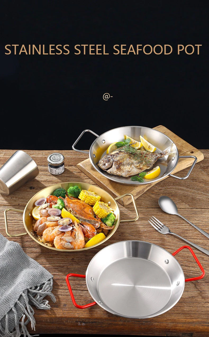 Stainless Steel Golden Serving Tray Round Spanish Seafood Cooking Pan With Two Handles Wok - 30Cm