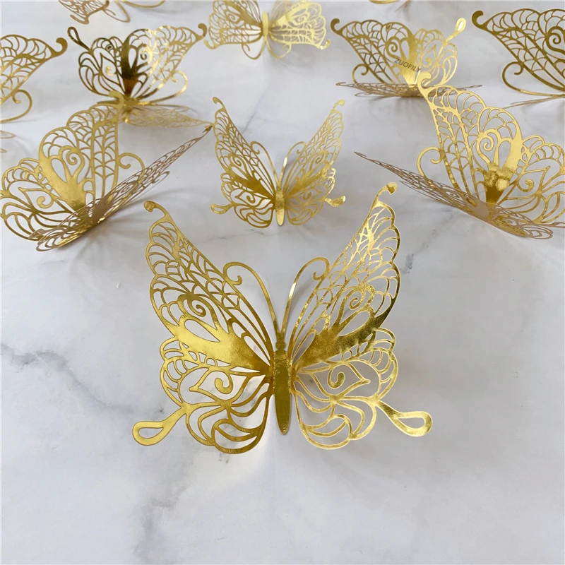 12Pcs/Set 3D Hollow Butterfly Wall Sticker Gold Silver Rose Wedding Decoration Living Room Home Decor Butterflies Decal Stickers 6