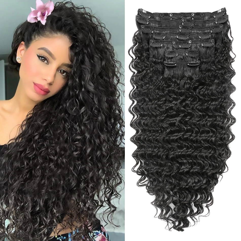 

Synthetic Deep Wave Clip In Hair Extensions 7pcs for Full Head Loose Weave Weft Ombre Black Blond 24inch Curly Organic For Woman