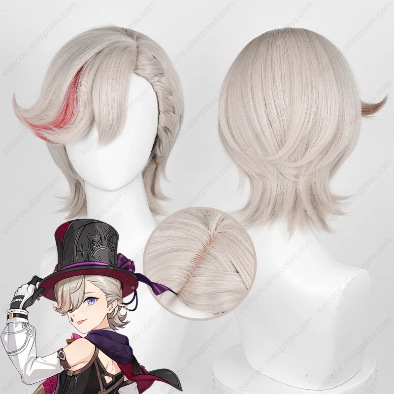 Lyney Cosplay peruca curta com destaques vermelhos, loiro cinza, resistente ao calor, cabelo sintético, Dia das Bruxas, 32cm