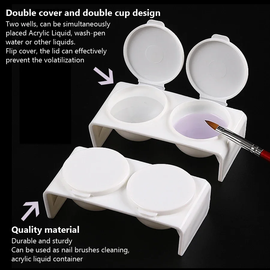 2Pcs Acrylic Liquid Dappen Dish Twin Cup Nail Art Pigment Holder for Monomer Nail Brushes Washing Manicure Tool