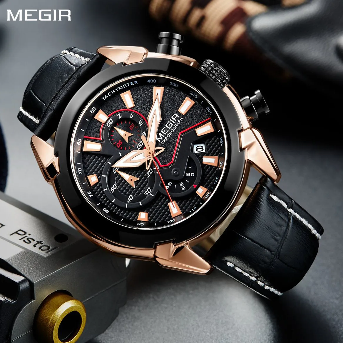 

MEGIR Sport Chronograph Men's Quartz Wristwatch Waterproof Male Clock Calendar Luminous Man Watches Calendar Leather Watch 2065