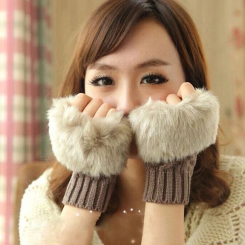 

Faux Rabbit Hair Knitted Fingerless Gloves Women's Chic Plush Mittens Thicken Warm Decorative Gloves Japanese Style Sweet Gloves