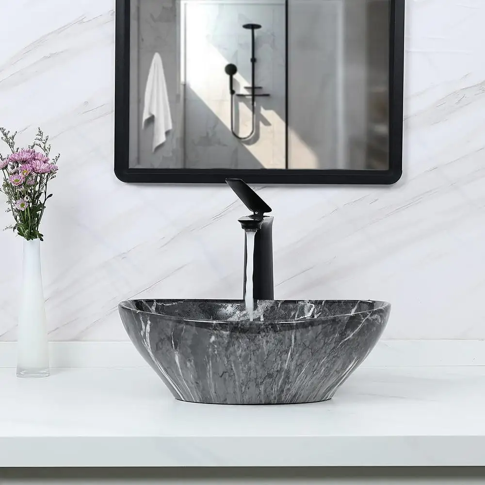 Marbling Ceramic Vessel Sink Set with Pop Up Drain Bathroom Sink Above Counter 5