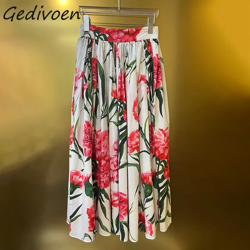 

Gedivoen Summer Fashion Runway Vintage Carnation Print Half Skirt Women's Regular Waist Holiday Party Loose Fit Long Half Skirt