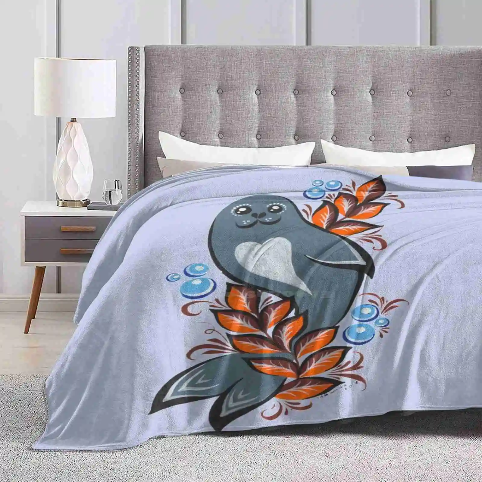 

The Seal New Selling Custom Print Flannel Soft Blanket Seal Pattern Seafood Seaweed