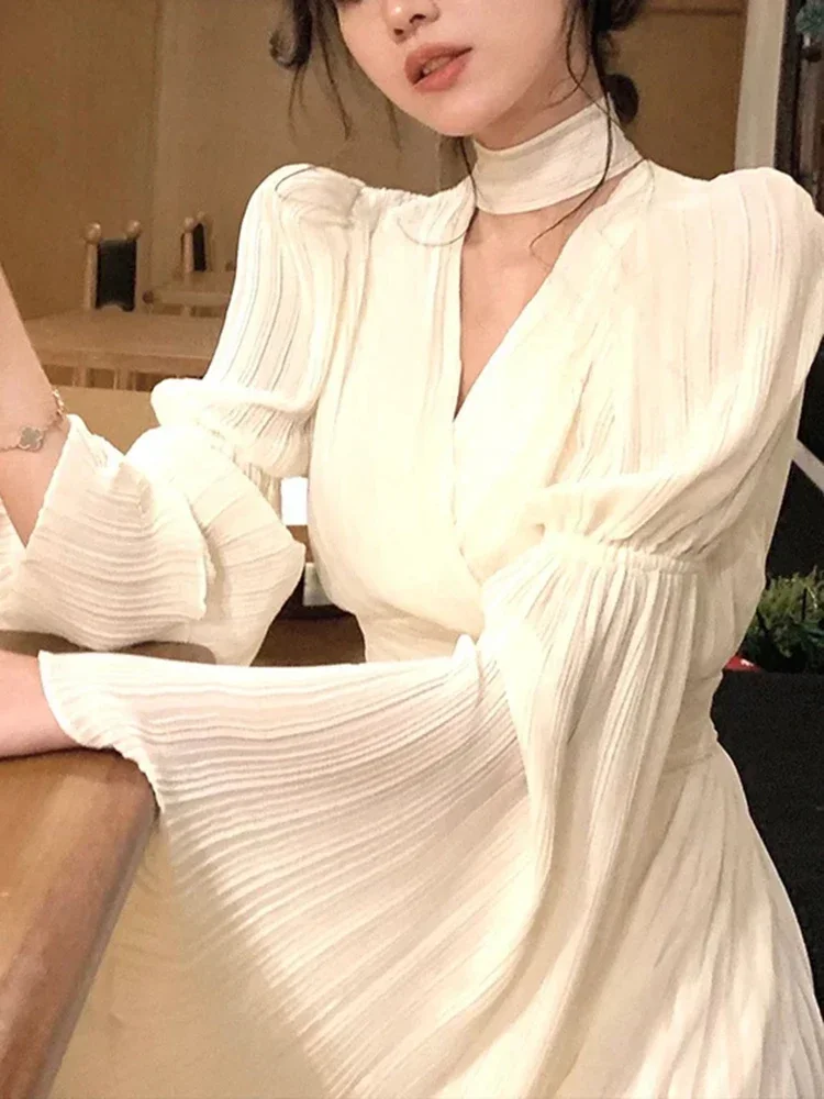 

Korean Solid Color Fairy Pleated Party Evening One Piece Long Dresses Women New Elegant Ruffle Irregular Spring Leisure Dress