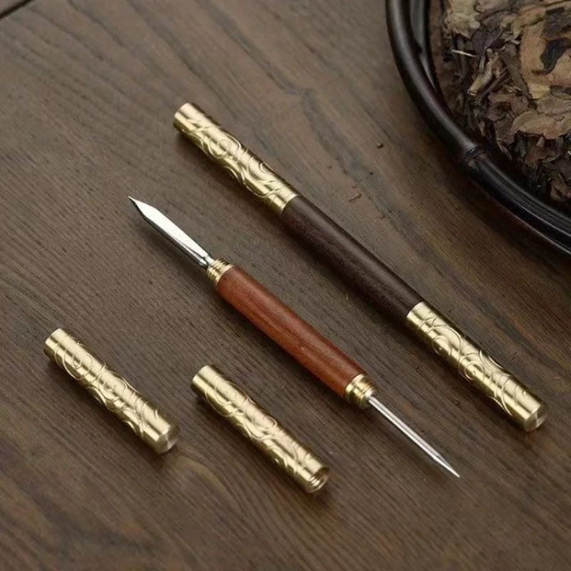 Ruyi golden hoop stick tea knife tea needle ebony wood huanghuali wood double-use Pu'er cake opener prying tool