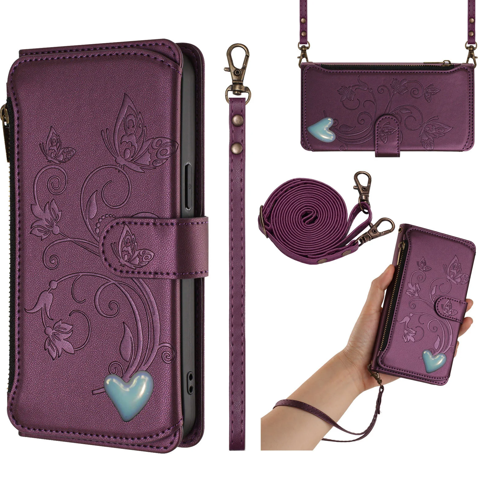 Elegant Crossbody Lanyard Flip Case Leather Wallet Cover with 5 Card Slots