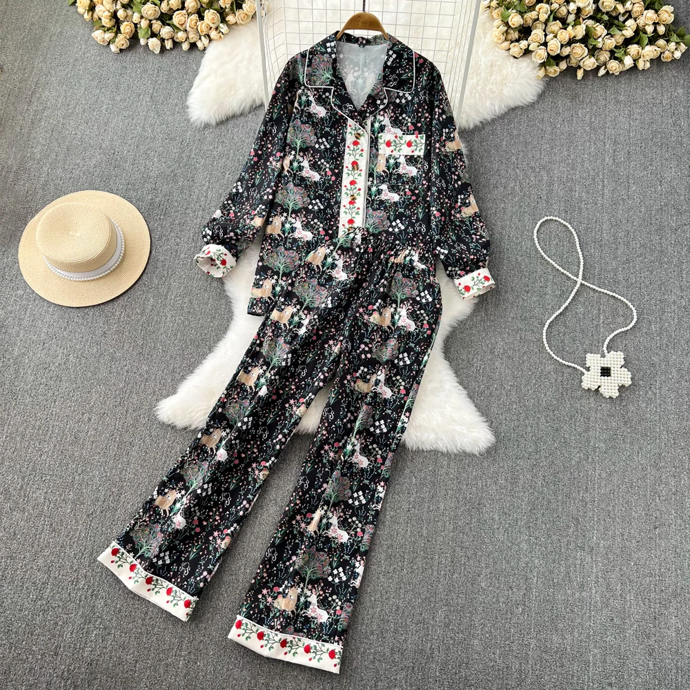 

Home Wear Pajamas Fashion Suit Loose Print Single Breasted Long Sleeve Shirt + High Waist Straight Leg Wide Leg Pants Two Pieces
