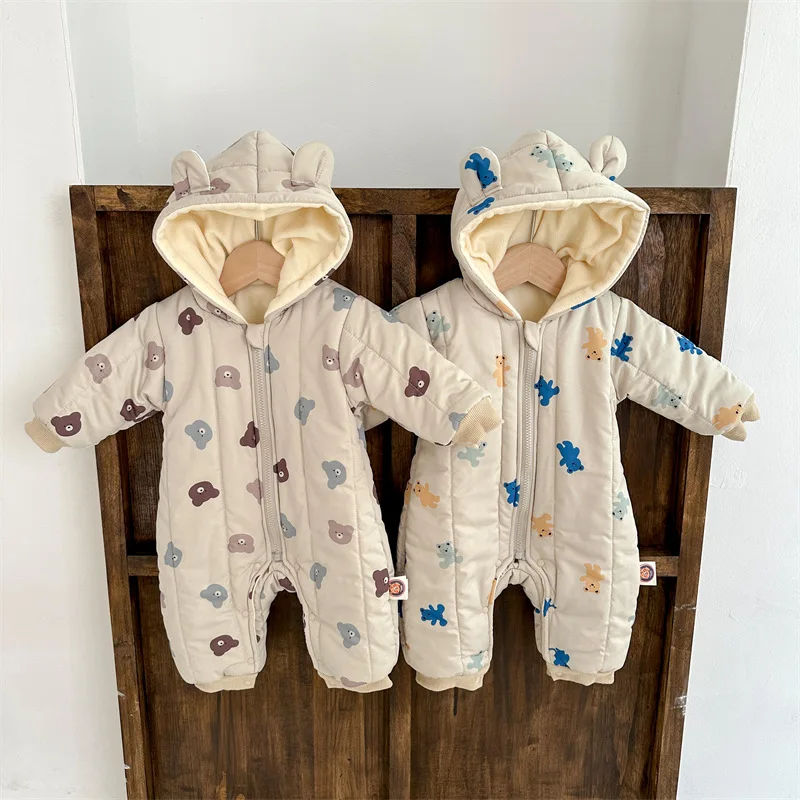 

Winter Baby Romper Cartoon Bears Toddler Boys Thicken Quilted Hoodie Jumpsuits Infant Girls Lining Fur Warm Outfit