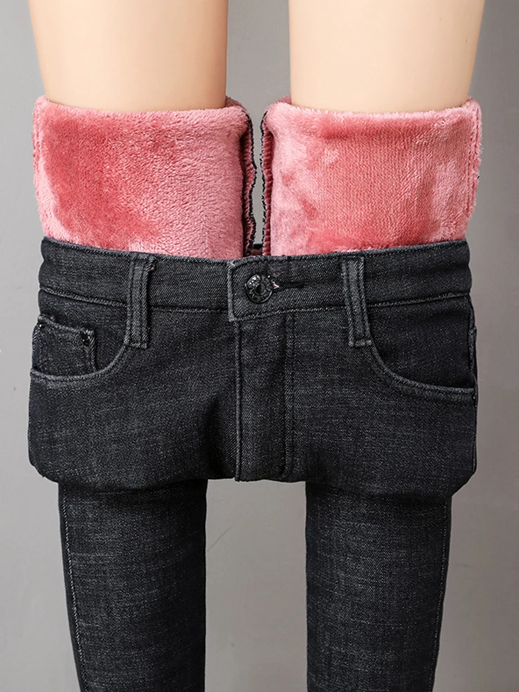 Women's Thick High Waist Jeans Stretch Skinny Pencil Pants Female Denim Pants, Winter Fashion