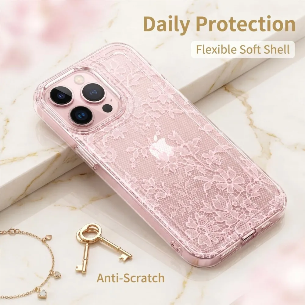 รูปสินค้า เคสโทรศัพท์ลายลูกไม้สีชมพูใส สำหรับ iPhone 17 16 15 14 13 12 11 Pro Max - เคส TPU นิ่ม ป้องกันรอยขีดข่วน สไตล์หวานๆ