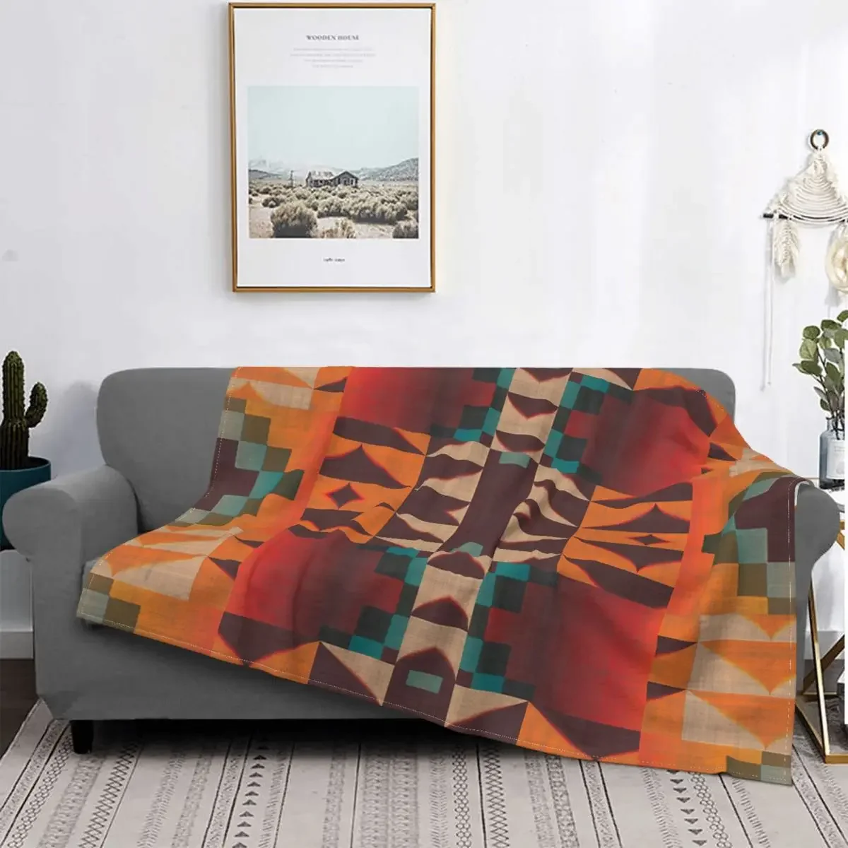 

Teal Blue Red Brown Orange Tribal Art Pattern Blanket Flannel Textile Decor Antique Warm Throw Blankets for Bed Office Bedspread